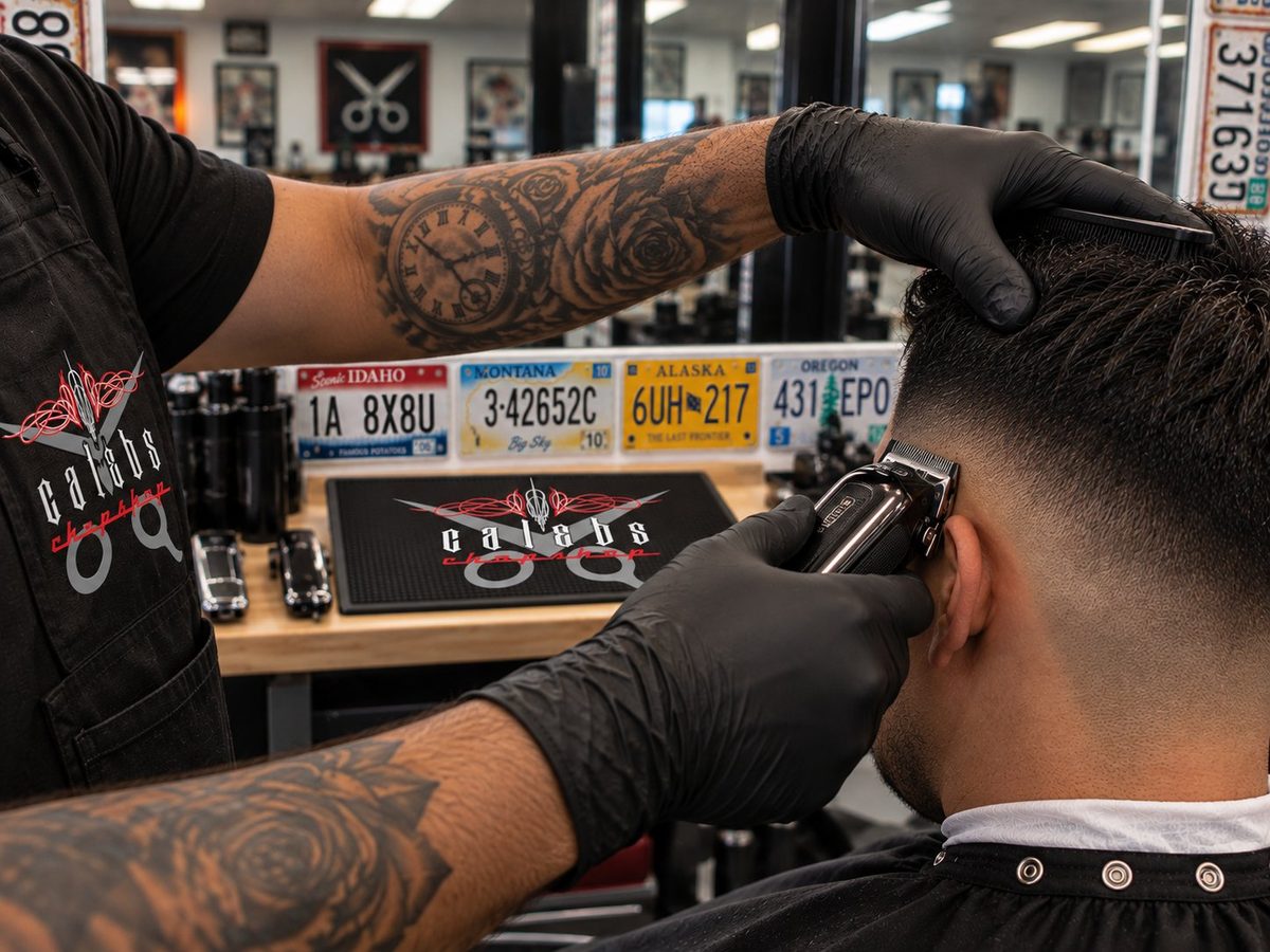Caleb's Chopshop barber fading a customer's haircut